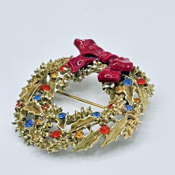 ART Christmas Wreath Brooch Vintage Enamel Signed Holiday Arthur Pepper Jewelry - Picture 6 of 11